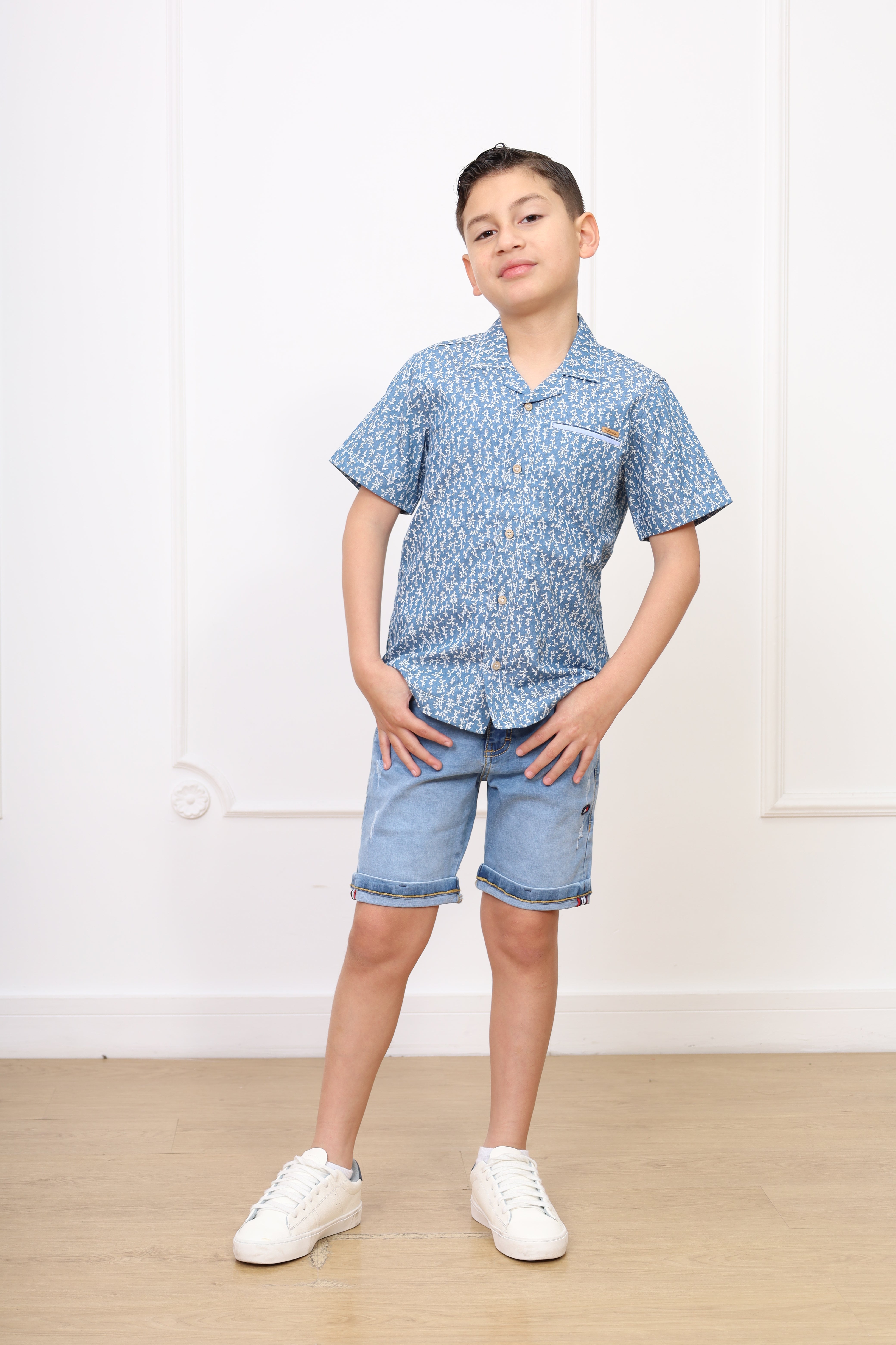 Camisa denim estampado Omar manga corta clasic