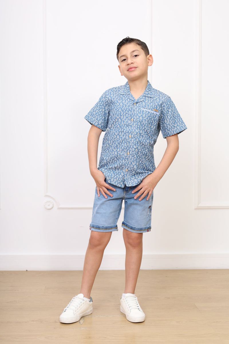 Camisa denim estampado Omar manga corta clasic