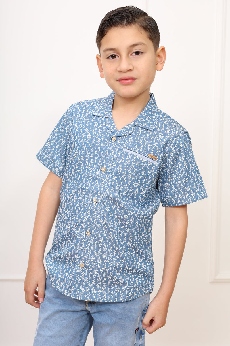 Camisa denim estampado Omar manga corta clasic