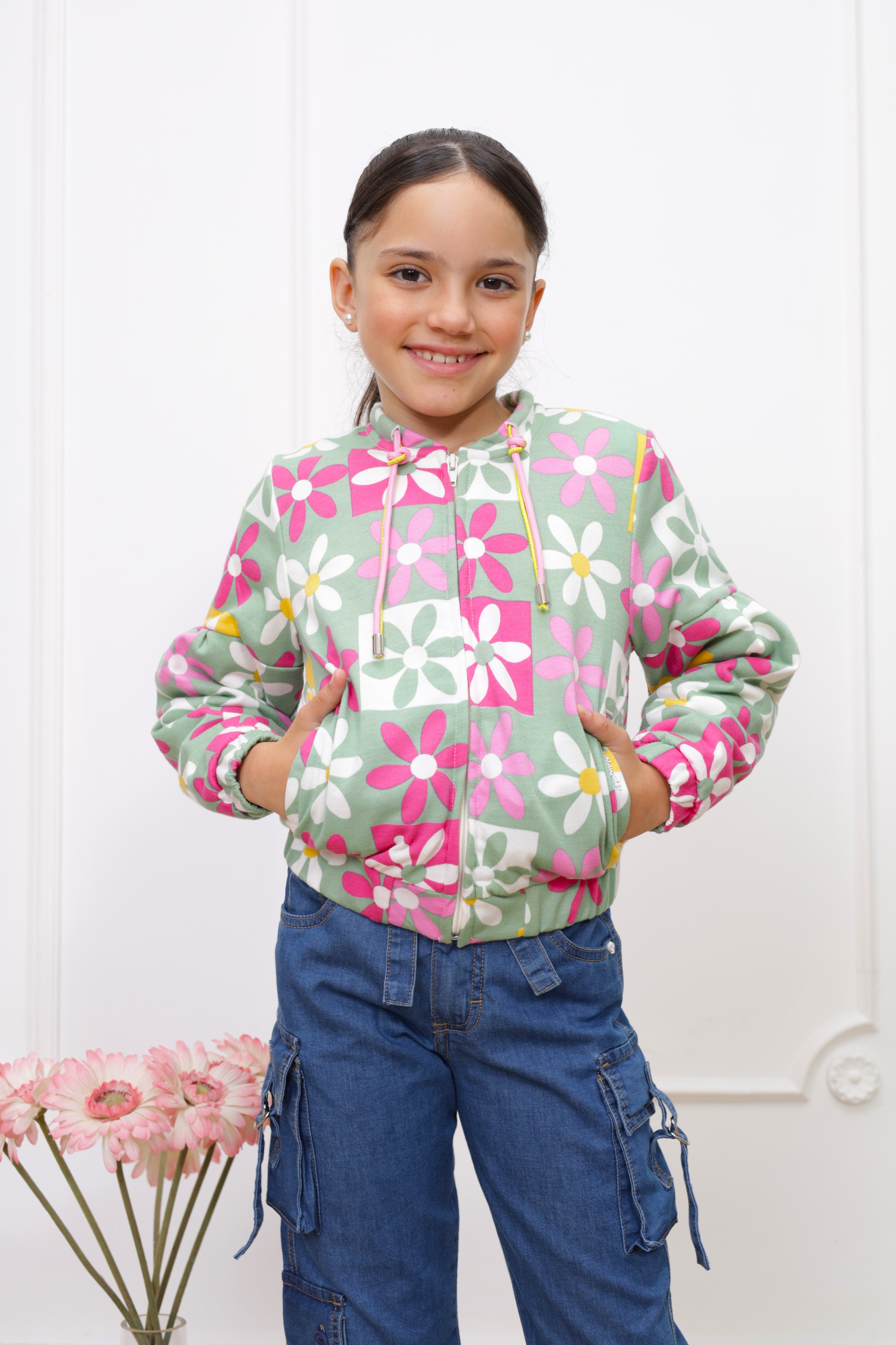 Casaca french terry estampado Margarita con forro micropolar