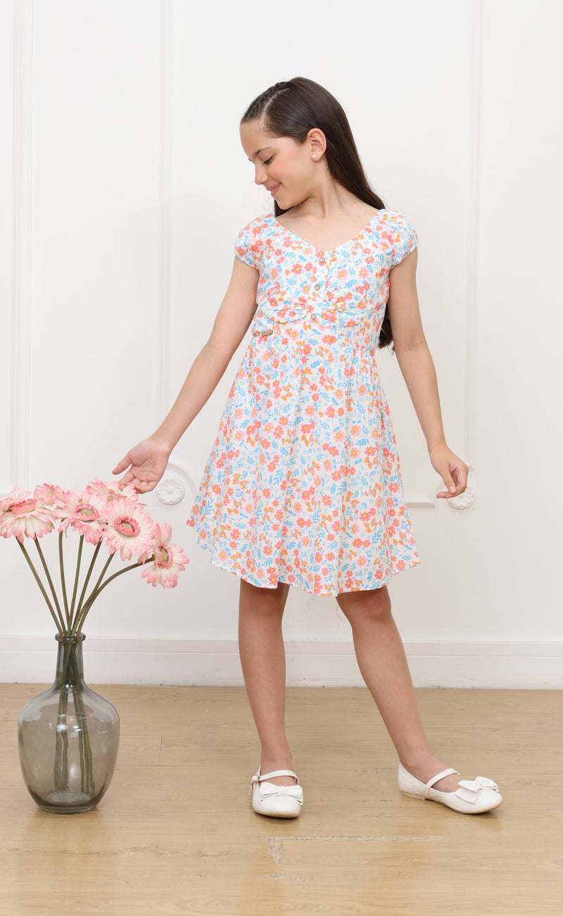 Vestido lino estampado Ayse manga corta